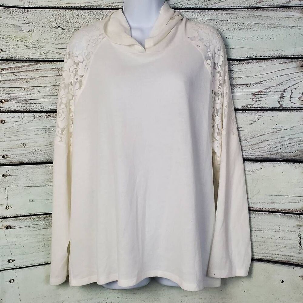 Soleillee Women’s 2X White Long Sleeve Hoodie Lace Shoulder Pullover Plus Size T